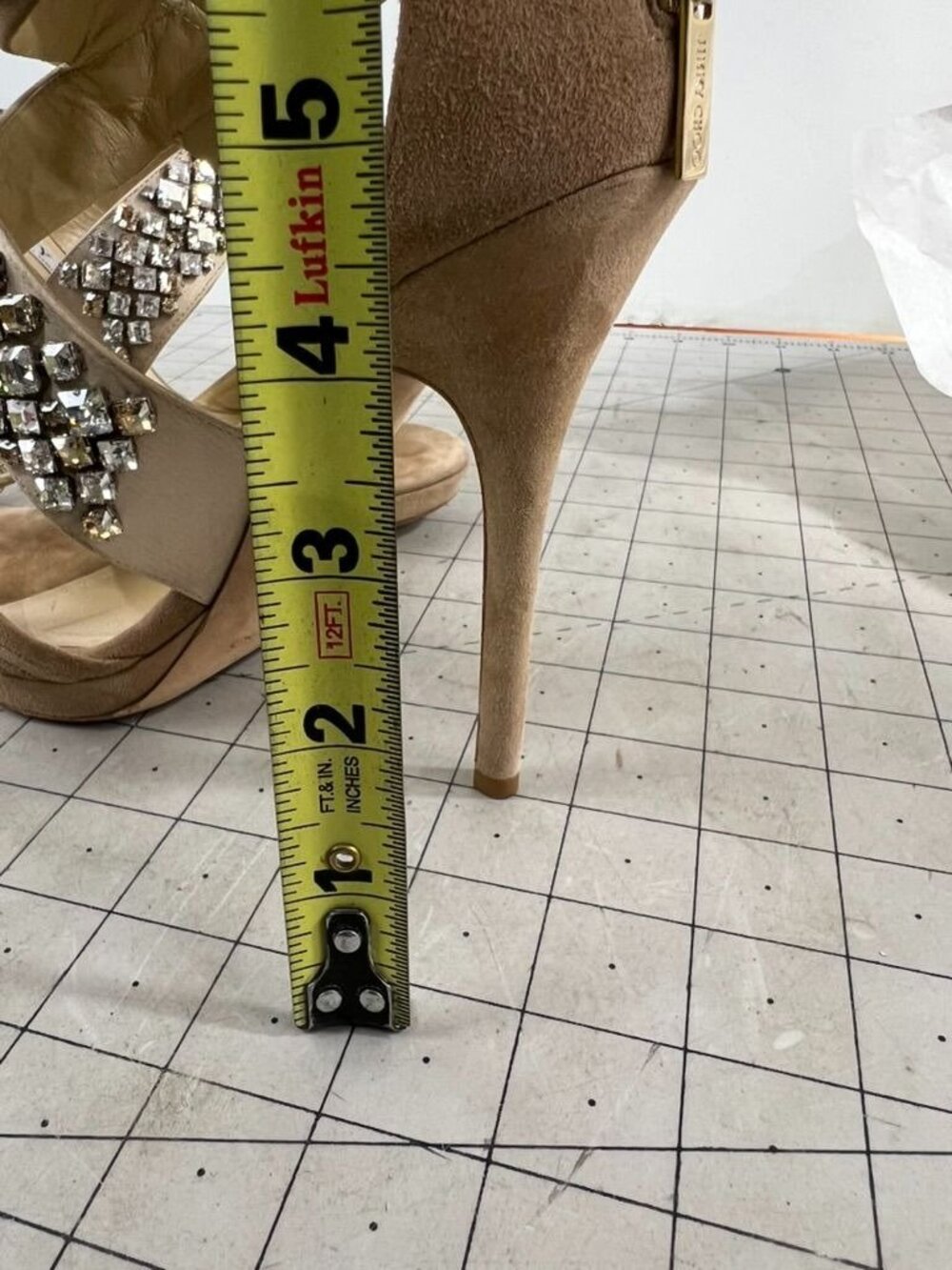 Jimmy Choo Beige Suede Crystal Embellished Strappy High Heels Zip Sz. 37.5 EU - Picture 11 of 11